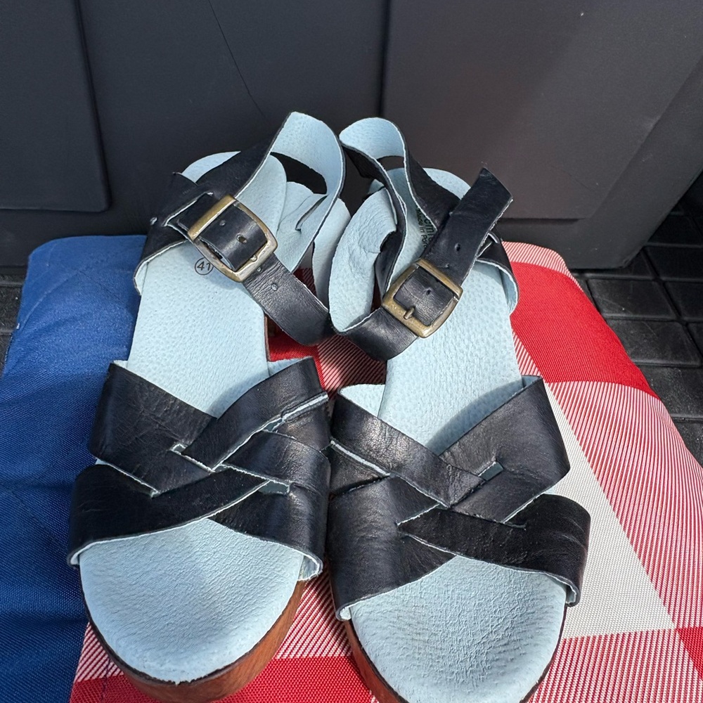 Eric Michael Black Leather Sandals with Blue Soles